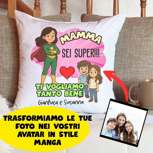 Cuscino personalizzato con foto stile Supereroi – Regalo Festa della Mamma