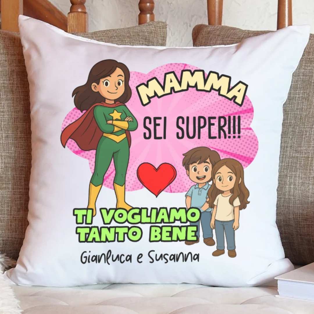 Cuscino personalizzato con foto stile Supereroi – Regalo Festa della Mamma