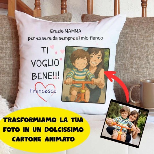 Cuscino Personalizzato con Foto in Stile Cartone Animato – Regalo Festa della Mamma